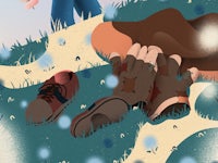 an illustration of a man laying in the grass with a pair of shoes