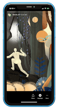 a phone with an illustration of a man running through a forest