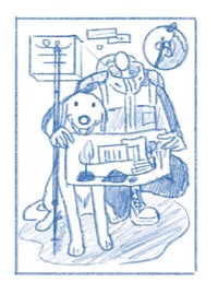 a drawing of a man with a dog