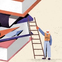 illustration of a man climbing a ladder on top of a stack of books