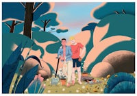 an illustration of two people in the woods