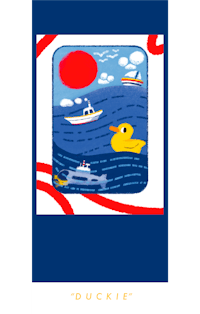 a poster with a duck and a boat in the background