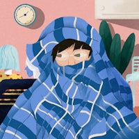 a cartoon illustration of a person wrapped in a blanket