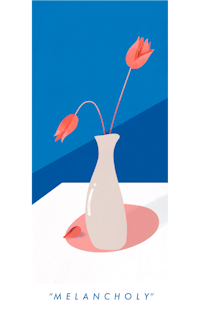 a poster with red flowers in a vase on a table